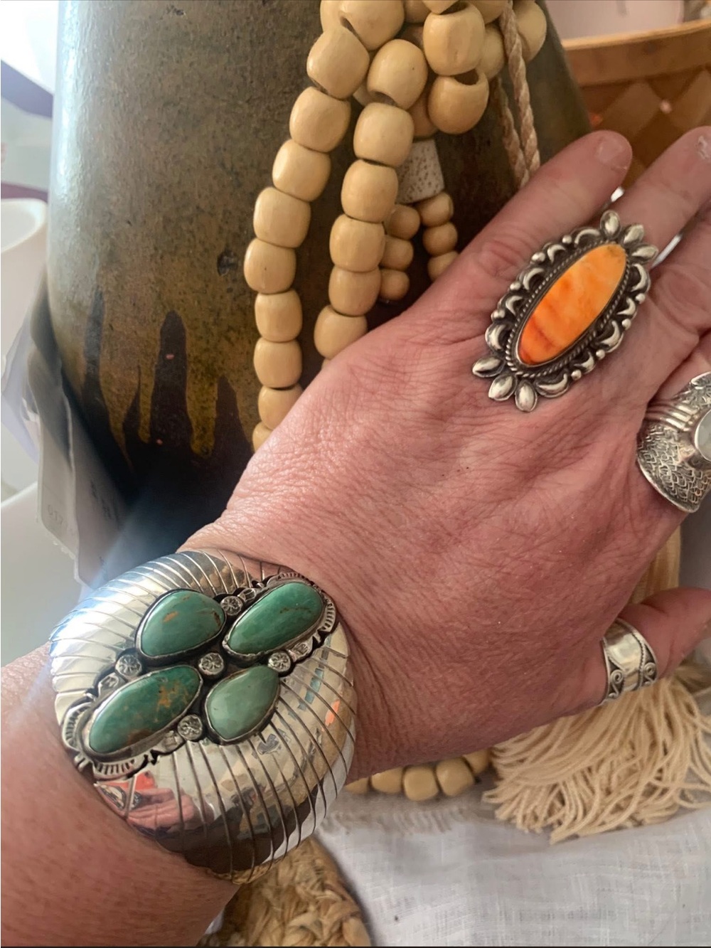 Sterling Silver Turquoise Four-Stone Cuff Bracelet - Green Turquoise